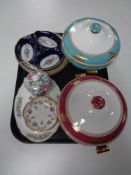 A tray containing Wedgwood Columbia tureens, Royal Crown Derby, Royal Antoinette pin dishes,
