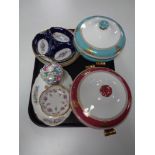 A tray containing Wedgwood Columbia tureens, Royal Crown Derby, Royal Antoinette pin dishes,