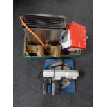 A box containing gas greenhouse heater, pair of Cat steel toe capped boots,