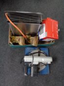 A box containing gas greenhouse heater, pair of Cat steel toe capped boots,