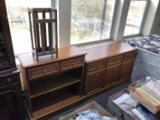 A contemporary teak three door sideboard together with matching shelves and stick stand