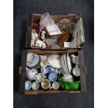 Two boxes containing miscellaneous china, Denby jug, mugs etc, assorted glassware, die cast cars.
