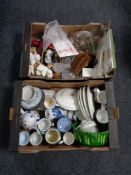 Two boxes containing miscellaneous china, Denby jug, mugs etc, assorted glassware, die cast cars.