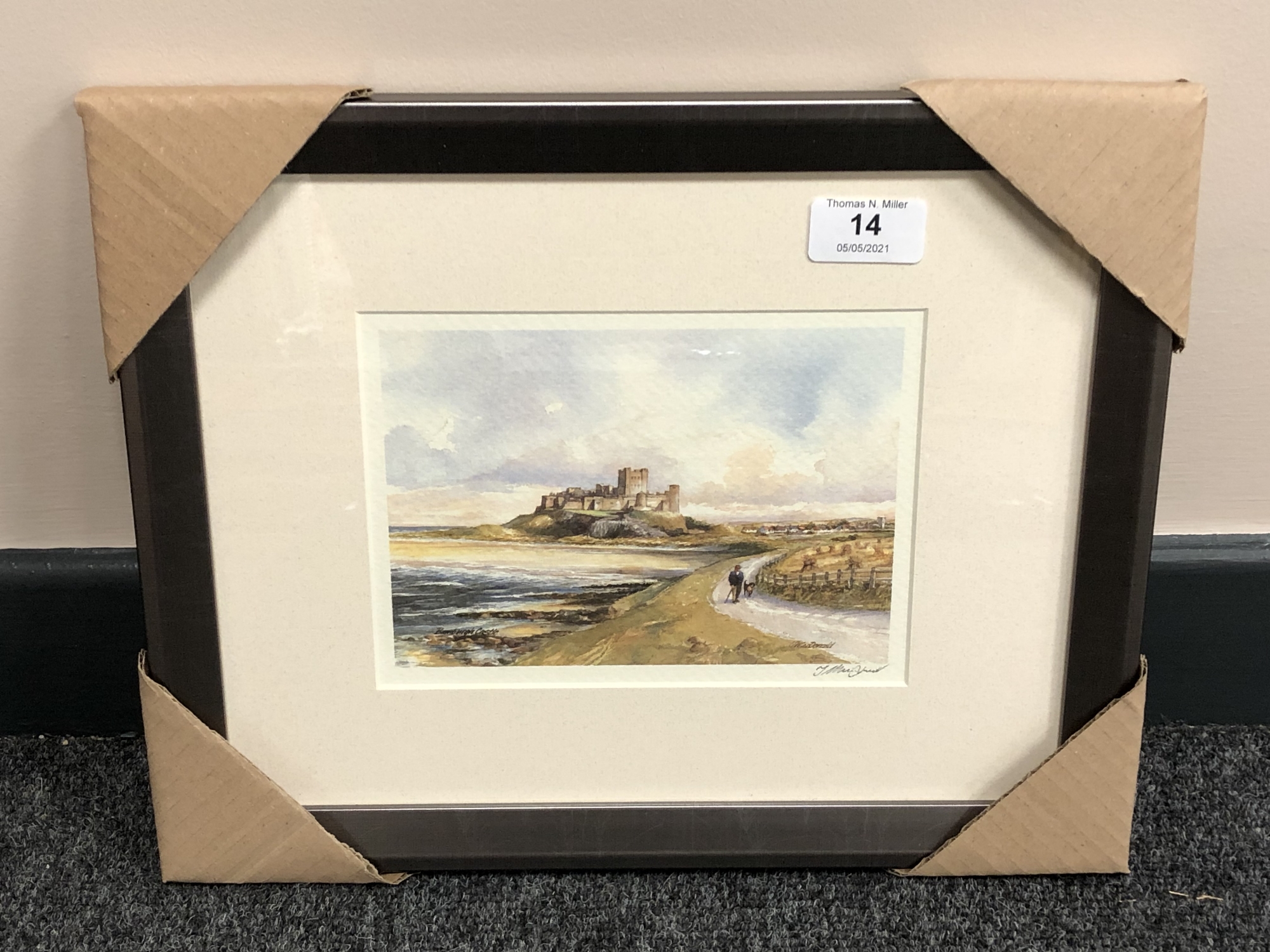 After Tom MacDonald : Bamburgh Castle, reproduction in colours, signed in pencil, 13 cm by 18 cm,