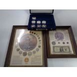 Two oak frames containing American coinage and bank notes together with a European Football