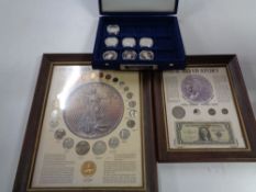 Two oak frames containing American coinage and bank notes together with a European Football