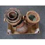 A box containing antique and later copper ware to include samovar (as found), Art Nouveau planters,