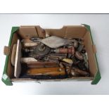 A box containing a large quantity of vintage hand tools, oil can, wooden woodworking plane etc.