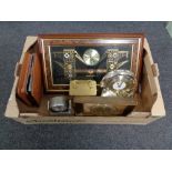 A box containing assorted mid 20th century and later mantel and wall clocks together with a leather