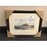 After Tom MacDonald : Bamburgh Castle from the beach, reproduction in colours, signed in pencil,