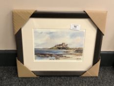 After Tom MacDonald : Bamburgh Castle from the beach, reproduction in colours, signed in pencil,