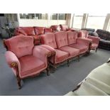 A three piece beech framed Italianate lounge suite comprising of three seater settee and two