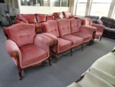 A three piece beech framed Italianate lounge suite comprising of three seater settee and two