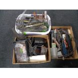 Three boxes containing a large quantity of Hornby and Lima control units, track, buildings,