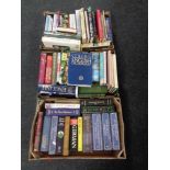 Two boxes containing hardback books to include The Works of Dickens, Eliot and Bronte, dictionaries,