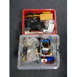 Two boxes containing hand tools, hardware, metal rule, door locks and chains.