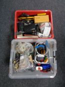 Two boxes containing hand tools, hardware, metal rule, door locks and chains.