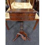 A 19th century mahogany work table on pedestal (as found).