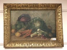 Continental School : Still life with vegetables, oil on canvas, 55 cm x 37 cm, indistinct monogram,
