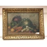 Continental School : Still life with vegetables, oil on canvas, 55 cm x 37 cm, indistinct monogram,