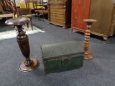 An antique pine dome topped trunk together with a beech smoker's stand and a plant stand.