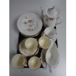 A tray containing 12 pieces of Coalport Samarkand tea and dinner china to include a teapot together