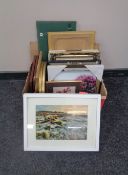 A box containing assorted framed pictures and prints, oil on canvas, still life,