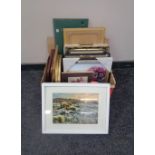 A box containing assorted framed pictures and prints, oil on canvas, still life,