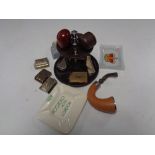 A tray containing smoking items to include pipe stand and pipes (one with silver collar),