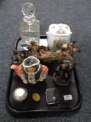 A tray containing miscellania to include a lead crystal Royale County whiskey decanter,