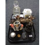 A tray containing miscellania to include a lead crystal Royale County whiskey decanter,