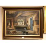 Continental school : Cottage interior, oil on canvas, 66 cm x 48 cm, indistinctly signed, framed.