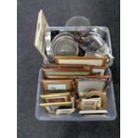 Two boxes containing a quantity of assorted framed pictures and picture frames, kitchenalia,