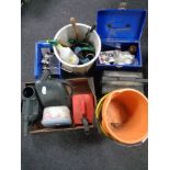 A box containing watering cans, hardware, oil can, together with plastic builder's buckets,
