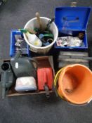 A box containing watering cans, hardware, oil can, together with plastic builder's buckets,