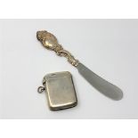 A silver vesta case and an ornate Danish silver-handled butter knife stamped 'COHR' (2)