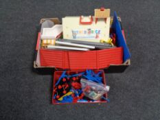 A box of plastic construction sets, Fisher Price play school,