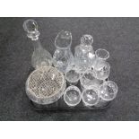 A tray containing assorted glassware to include lead crystal whiskey decanter, jug, rose bowl,