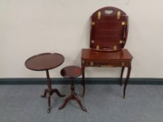 An inlaid mahogany side table fitted with a drawer with gilt metal mounts together with a butler's