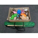 A box containing assorted china, cast iron novelty money box,