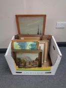 A box containing 20th century Continental school, oils on canvas, framed mirrors etc.