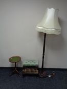 Two button dralon upholstered foot stools together with a leather top wine table and a standard