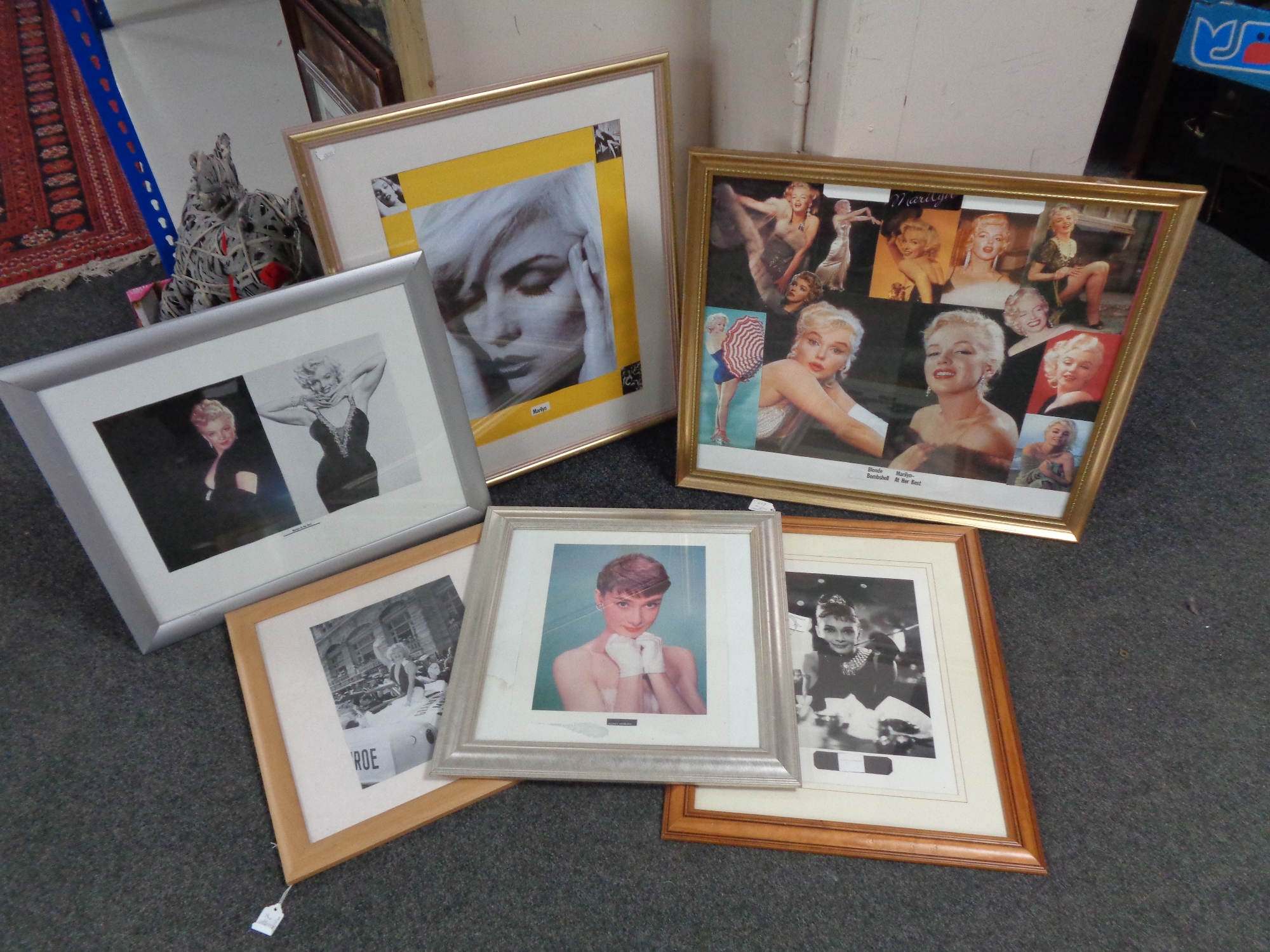 Six framed of Marilyn Monroe and Audrey Hepburn pictures