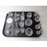 A tray of assorted glass ware, Stuart crystal vases, Swarovski bird figure,