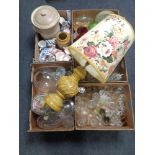 A palate containing five boxes of assorted glassware and china together with a glazed pottery table