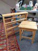 A pine plate rack together with a heavy pine occasional table