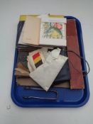 A tray of 1920's sketch book, vintage birthday cards, silks and cigarette cards,