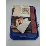 A tray of 1920's sketch book, vintage birthday cards, silks and cigarette cards,