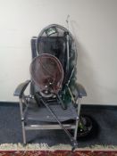 A folding fishing chair together with a box containing a Walker rod holder,