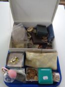 A tray of assorted costume jewellery, pre decimal coins, cut glass perfume bottle,